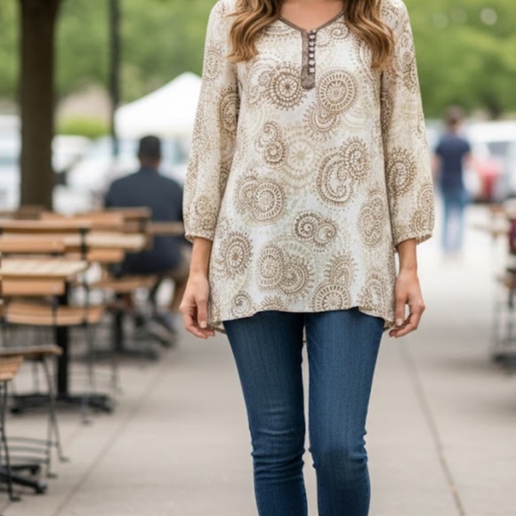 J. Jill Geometric Boho Henley Blouse Women’s Medium 3/4 Sleeve Lightweight - Picture 7 of 7